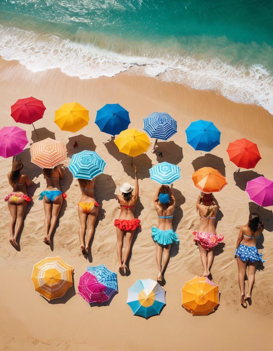 A stunning beach scene featuring vibrant umbrellas, golden sand, and waves crashing in the background. In the foreground, a diverse group of people flaunts an array of bold and beautiful bikinis, showcasing different styles and colors that celebrate individuality. The sun sets, casting a warm glow and enhancing the overall summery vibe. Include beach accessories like sun hats, towels, and sunglasses for added detail. tropical paradise. vibrant colors. super-realistic.